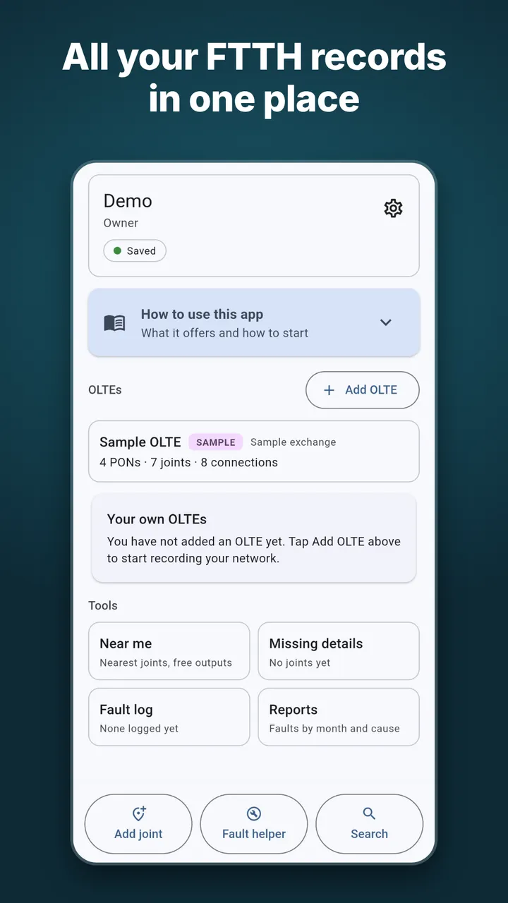 FTTH Toolkit home screen with the OLTE list and tools