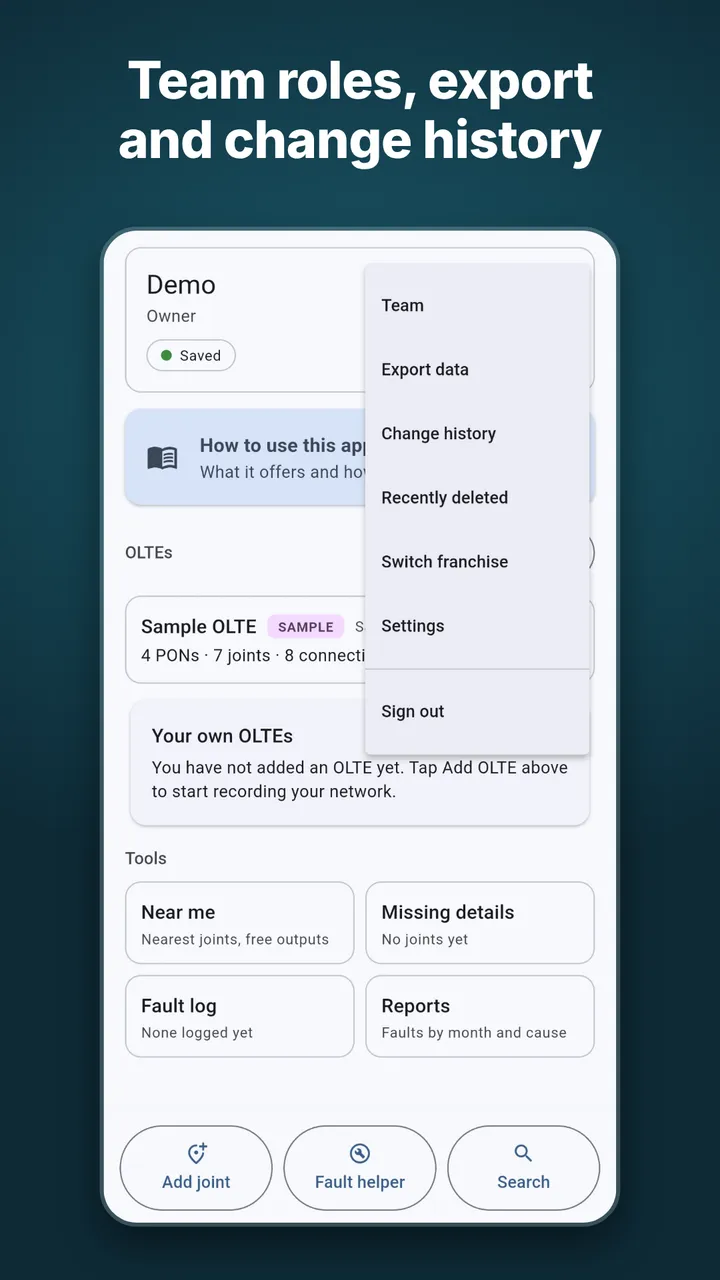 App menu with Team, Export data, Change history, Recently deleted, Switch franchise and Settings