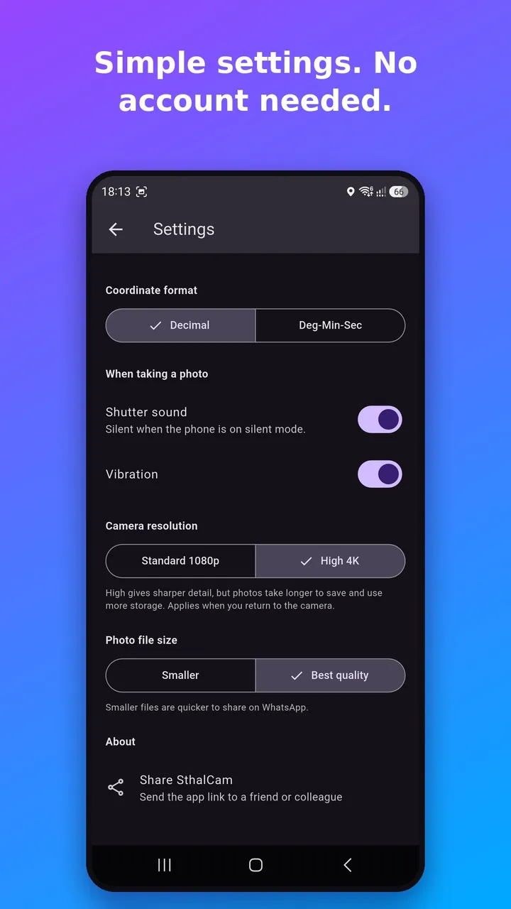 SthalCam settings for coordinate format, shutter sound, vibration and camera resolution